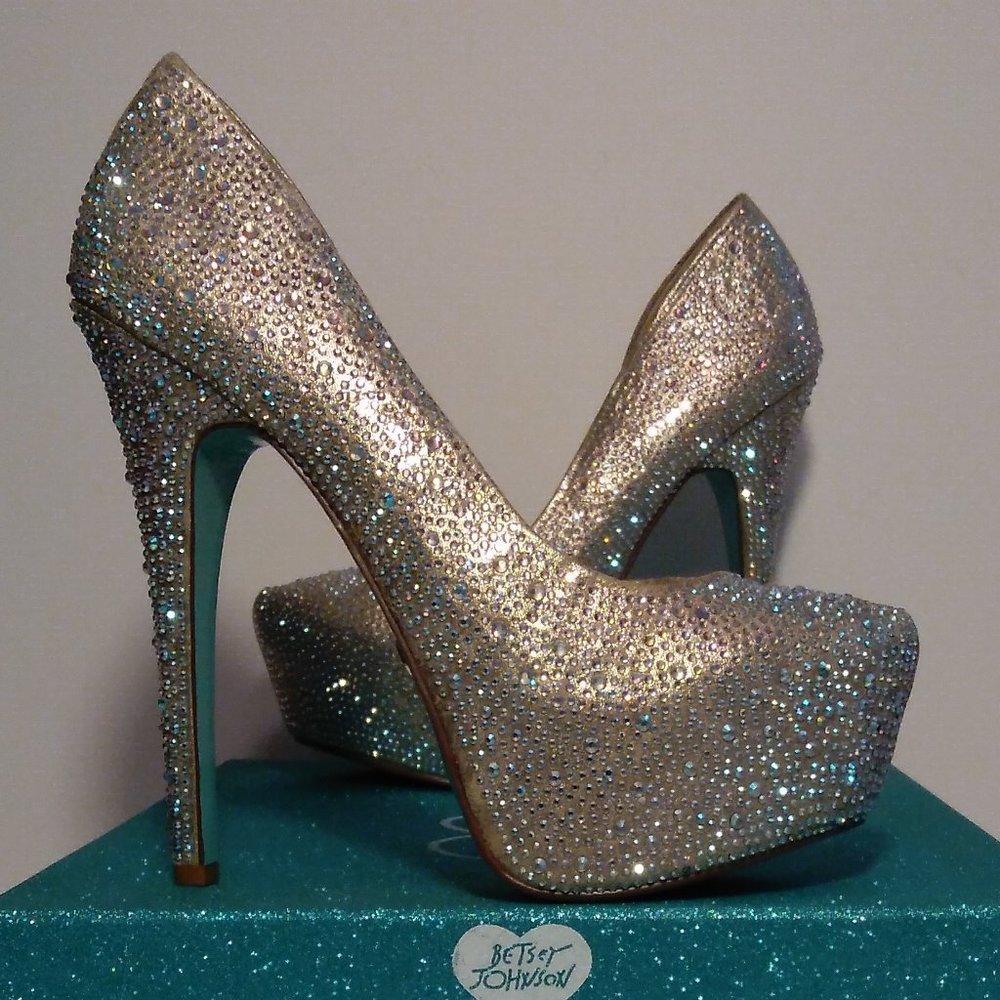 BETSEY JOHNSON 7 STAR SPARKLY RHINESTONE PLATFORM HEELS blue collection - Picture 9 of 16